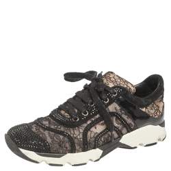 Rene Caovilla Beige/White Lace And Patent Embellished Lace Up Sneakers Size 38