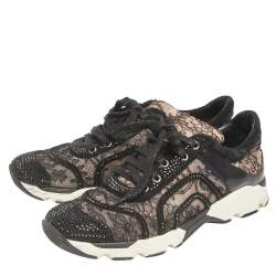 Rene Caovilla Beige/White Lace And Patent Embellished Lace Up Sneakers Size 38