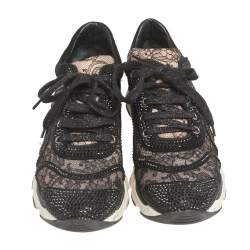 Rene Caovilla Beige/White Lace And Patent Embellished Lace Up Sneakers Size 38