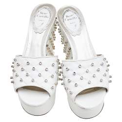 René Caovilla White Leather Embellished Wedge Platform Slide Sandals Size 36.5