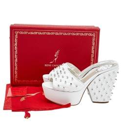 René Caovilla White Leather Embellished Wedge Platform Slide Sandals Size 36.5