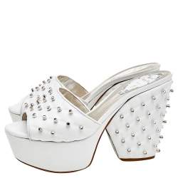 René Caovilla White Leather Embellished Wedge Platform Slide Sandals Size 36.5