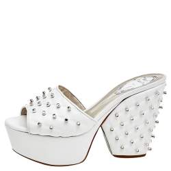 René Caovilla White Leather Embellished Wedge Platform Slide Sandals Size 36.5