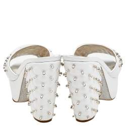 René Caovilla White Leather Embellished Wedge Platform Slide Sandals Size 36.5