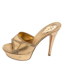 Pre Owned Rene Caovilla Gold Leather and Crystal Embellished Fabric Platform Slide Sandals Size 37