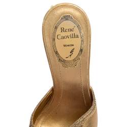 Pre Owned Rene Caovilla Gold Leather and Crystal Embellished Fabric Platform Slide Sandals Size 37