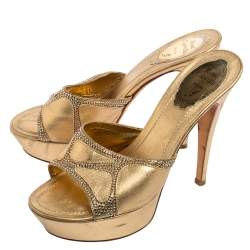 Pre Owned Rene Caovilla Gold Leather and Crystal Embellished Fabric Platform Slide Sandals Size 37