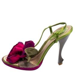 René Caovilla Multicolor Snakeskin Leather and Satin Flower Applique Slingback Sandals Size 37