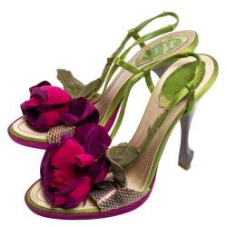 René Caovilla Multicolor Snakeskin Leather and Satin Flower Applique Slingback Sandals Size 37