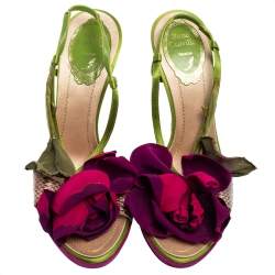 René Caovilla Multicolor Snakeskin Leather and Satin Flower Applique Slingback Sandals Size 37