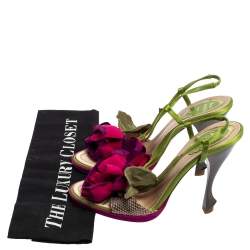 René Caovilla Multicolor Snakeskin Leather and Satin Flower Applique Slingback Sandals Size 37