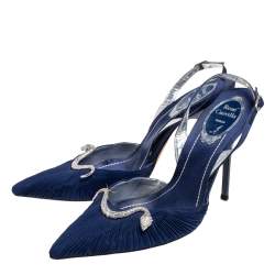 René Caovilla Blue Fabric Snake Embellished Slingback  Pumps Size 37