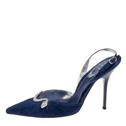 René Caovilla Blue Fabric Snake Embellished Slingback  Pumps Size 37