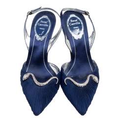 René Caovilla Blue Fabric Snake Embellished Slingback  Pumps Size 37