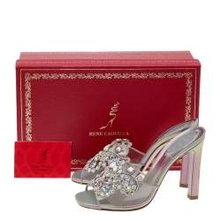 Pre Owned René Caovilla Grey Iridescent Leather and PVC Crystal Embellished Slide Sandals Size 36