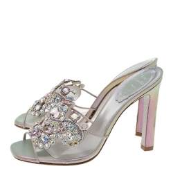 Pre Owned René Caovilla Grey Iridescent Leather and PVC Crystal Embellished Slide Sandals Size 36