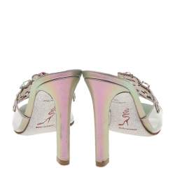 Pre Owned René Caovilla Grey Iridescent Leather and PVC Crystal Embellished Slide Sandals Size 36