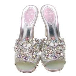 Pre Owned René Caovilla Grey Iridescent Leather and PVC Crystal Embellished Slide Sandals Size 36