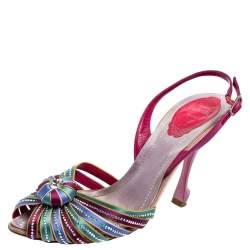 René Caovilla Multicolor Satin Crystal Flower Embellished Ankle Strap Sandals Size 37