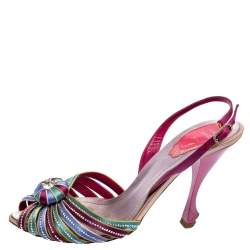 René Caovilla Multicolor Satin Crystal Flower Embellished Ankle Strap Sandals Size 37