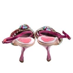 René Caovilla Multicolor Satin Crystal Flower Embellished Ankle Strap Sandals Size 37