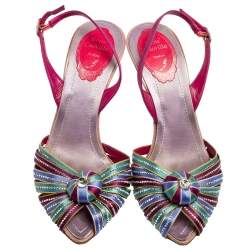 René Caovilla Multicolor Satin Crystal Flower Embellished Ankle Strap Sandals Size 37