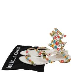 Pre Owned Rene Caovilla Multicolor Floral Embellished Leather Coil Ankle-Wrap Flat Sandals Size 37.5