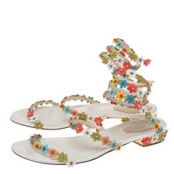 Pre Owned Rene Caovilla Multicolor Floral Embellished Leather Coil Ankle-Wrap Flat Sandals Size 37.5