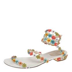 Pre Owned Rene Caovilla Multicolor Floral Embellished Leather Coil Ankle-Wrap Flat Sandals Size 37.5