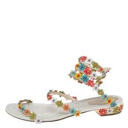 Pre Owned Rene Caovilla Multicolor Floral Embellished Leather Coil Ankle-Wrap Flat Sandals Size 37.5