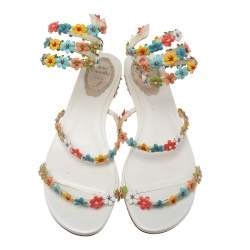 Pre Owned Rene Caovilla Multicolor Floral Embellished Leather Coil Ankle-Wrap Flat Sandals Size 37.5