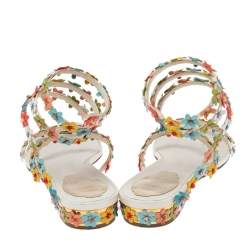 Pre Owned Rene Caovilla Multicolor Floral Embellished Leather Coil Ankle-Wrap Flat Sandals Size 37.5