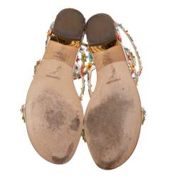 Pre Owned Rene Caovilla Multicolor Floral Embellished Leather Coil Ankle-Wrap Flat Sandals Size 37.5