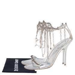Pre Owned René Caovilla Silver Leather Floral Embellished Anklet Open Toe Sandals Size 37