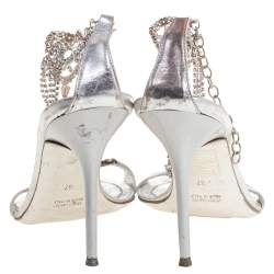 Pre Owned René Caovilla Silver Leather Floral Embellished Anklet Open Toe Sandals Size 37