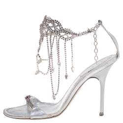 Pre Owned René Caovilla Silver Leather Floral Embellished Anklet Open Toe Sandals Size 37
