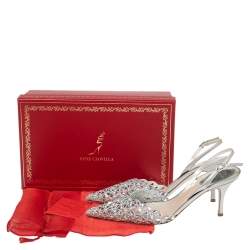 Pre Owned René Caovilla Metallic Grey Crystal Embellished Macrame Lace and Leather Slingback Sandals Size 38
