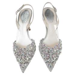 Pre Owned René Caovilla Metallic Grey Crystal Embellished Macrame Lace and Leather Slingback Sandals Size 38