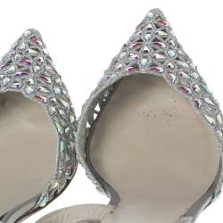 Pre Owned René Caovilla Metallic Grey Crystal Embellished Macrame Lace and Leather Slingback Sandals Size 38