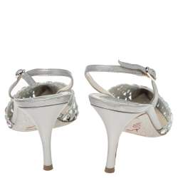 Pre Owned René Caovilla Metallic Grey Crystal Embellished Macrame Lace and Leather Slingback Sandals Size 38