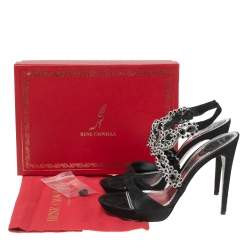 Pre Owned René Caovilla Black Suede Crystal Embellished Anklet Sandals Size 40