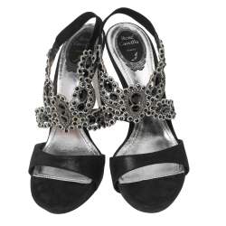 Pre Owned René Caovilla Black Suede Crystal Embellished Anklet Sandals Size 40