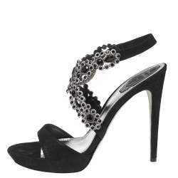 Pre Owned René Caovilla Black Suede Crystal Embellished Anklet Sandals Size 40