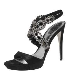 Pre Owned René Caovilla Black Suede Crystal Embellished Anklet Sandals Size 40