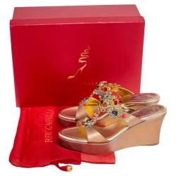 René Caovilla Bronze Leather Embroidery Embellished Wedge Platform Slide Sandals Size 38.5