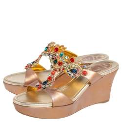 René Caovilla Bronze Leather Embroidery Embellished Wedge Platform Slide Sandals Size 38.5