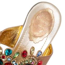 René Caovilla Bronze Leather Embroidery Embellished Wedge Platform Slide Sandals Size 38.5