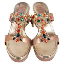 René Caovilla Bronze Leather Embroidery Embellished Wedge Platform Slide Sandals Size 38.5