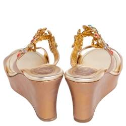 René Caovilla Bronze Leather Embroidery Embellished Wedge Platform Slide Sandals Size 38.5