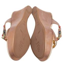 René Caovilla Bronze Leather Embroidery Embellished Wedge Platform Slide Sandals Size 38.5